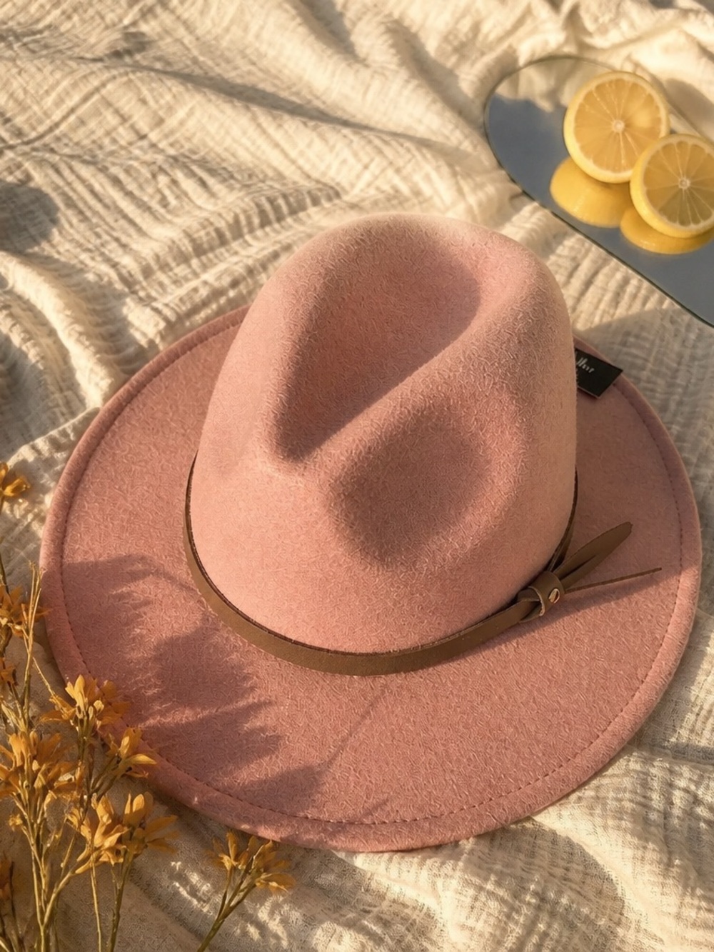 Women's Dusty Pink Felt Fedora with Brown Leather Trim